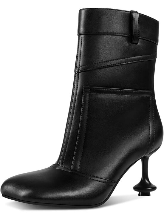 Shoes - Women's Black Polyurethane Square Petal Square Toe Pull On Short Ankle Boots